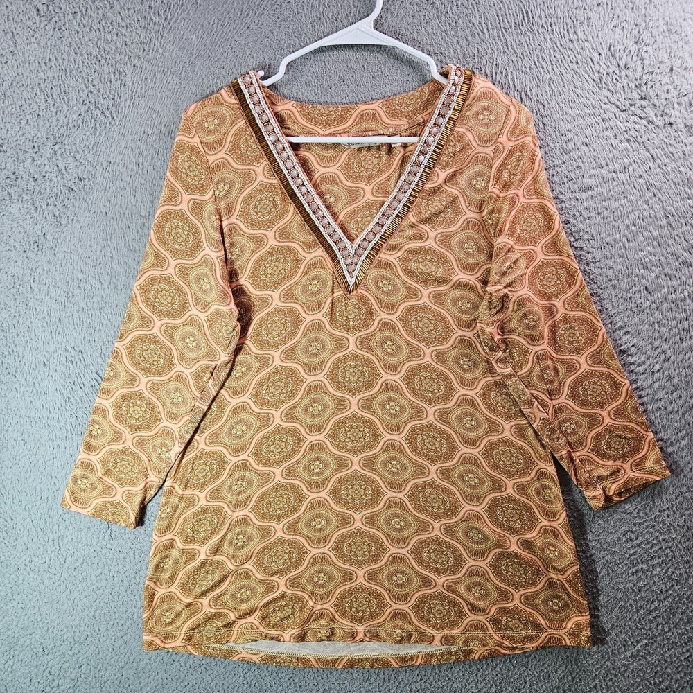 Soft Surroundings Top Women Small Bead Embellished Geometric Brownish Orange